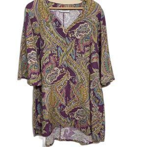 Bryn Walker purple paisley linen 3/4 bell sleeve tunic beach coastal lagenlook M